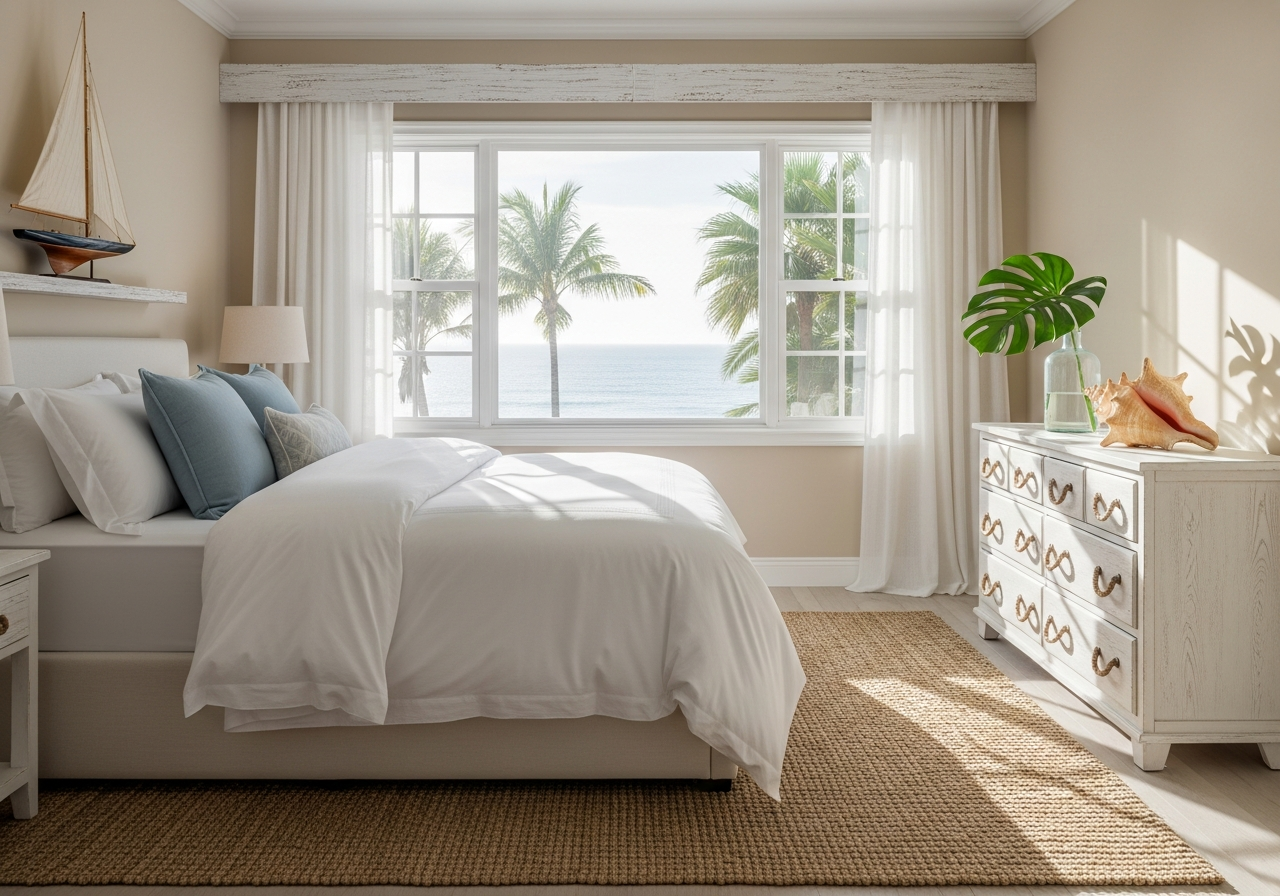 Coastal beach house bedroom with fresh linens — Angie's Linen Service