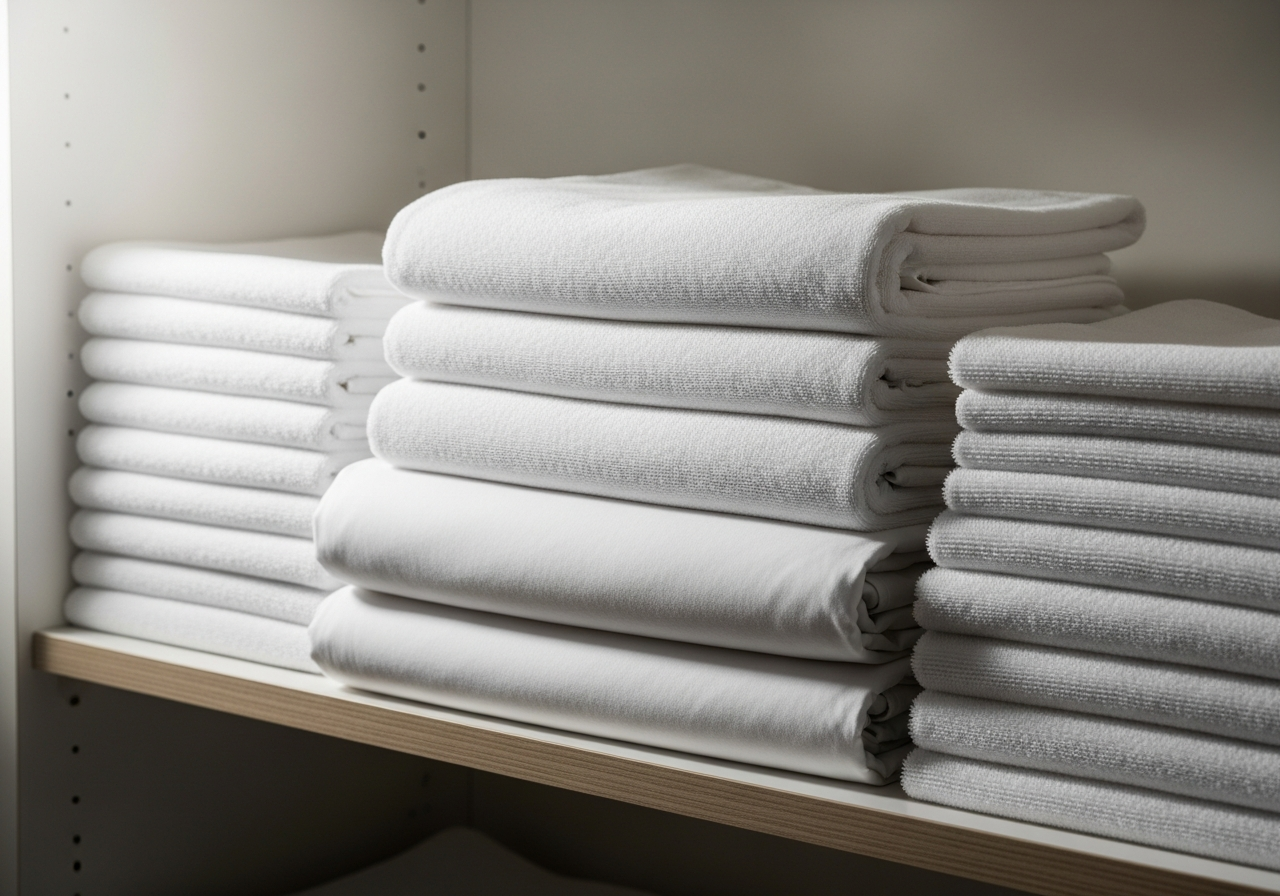 Fresh white linens stacked and ready for delivery